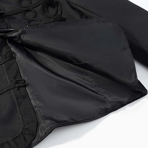 Women's black jacket with high stand collar and traditional woven frog closure details
