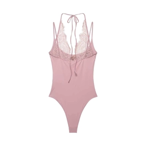 Elegant pink lace halter neck bodysuit with thin straps and backless tie design for women