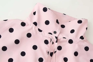 Detail of pink polka dot blouse featuring a high stand collar and dark buttons