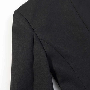 Detailed view of structured shoulder seams and high-quality black fabric texture on jacket