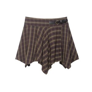 Women Vintage Plaid Asymmetric Mini Skirt High Waist Brown Tartan Checkered Handkerchief Hem Skirt With Belt Casual Skirts