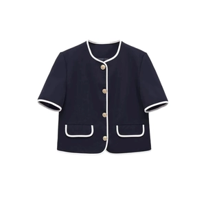 Navy short-sleeve tweed jacket with white trim and gold buttons on a white background