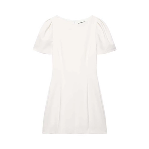 Slim fit white mini dress with puff sleeves and pleated pockets on white background