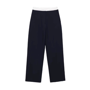 Women's chic straight-leg pants featuring a navy body and contrast white waistband detail
