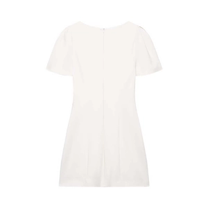 Back view of a slim-fit white short dress featuring pleated puff sleeves and invisible zipper