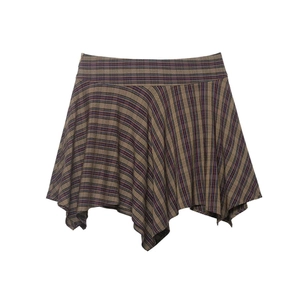 Vintage high waist plaid mini skirt with asymmetrical hemline and retro checked pattern