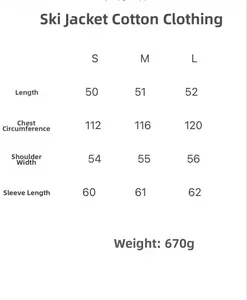 Size chart showing measurements for slim fit winter puffer jacket and yoga pants set