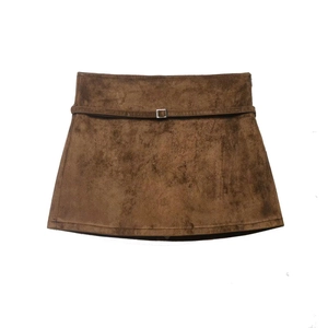 Vintage Brown Faux Suede Mini Skirt Women High Waist A-line Skirt With Belt Autumn Casual Commute Short Skirt
