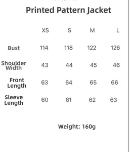 Size chart for vintage printed hooded jacket showing measurements in XS, S, M and L