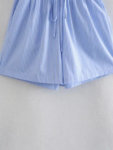 Detailed view of blue and white striped summer shorts with drawstring waist and pockets