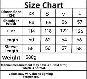 Size chart for faux leather bomber jacket with shoulder, bust, and sleeve measurements
