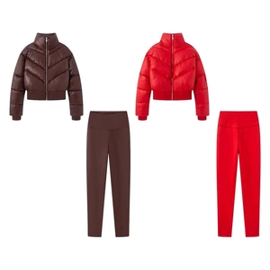 Women Winter Slim Padded Jacket High Waist Yoga Pants 2 Piece Set Quilted Puffer Coat Leggings Activewear Set