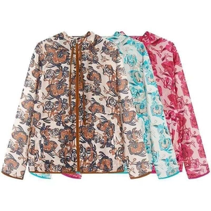 Women Vintage Floral Print Sun Protection Jacket Hooded Zip Up Lightweight Windbreaker Outerwear UPF50 Plus For Travel