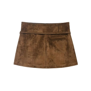 Vintage brown suede mini skirt with high waist design and matching belt for autumn