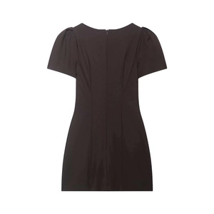 Detail view of the deep brown mini dress back with puff sleeves and invisible zipper