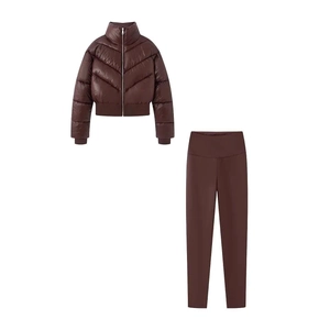 Slim fit chocolate brown quilted puffer jacket and high waist yoga leggings set