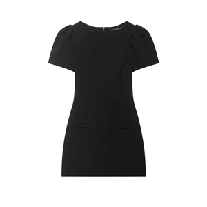 Close-up of black short sleeve dress featuring puff sleeves and decorative front pockets