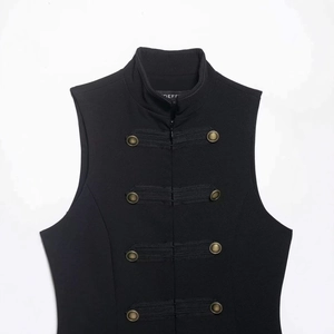 Retro black military vest with stand collar and vintage copper buttons for women