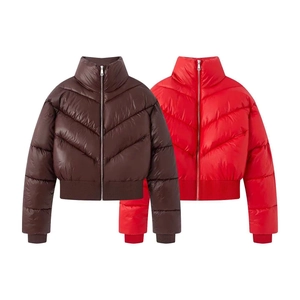 Women's slim fit winter cropped puffer jackets in brown and red with V-quilted pattern
