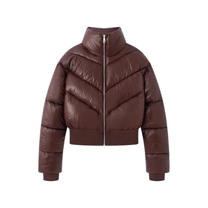 Detailed V-shaped quilting and metal zipper on deep burgundy winter puffer jacket