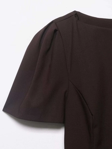Close-up detail of dark brown dress featuring pleated puff sleeves and woven fabric texture
