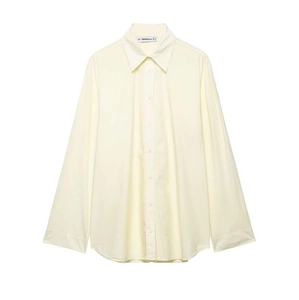 Women Casual Long Sleeve Shirt Loose Fit Solid Light Yellow Polyester Blouse Classic Shirt Collar Single Breasted Top For Ladies