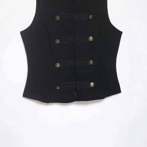 Women's vintage black slim-fit vest with military-style metal buttons and stand collar