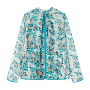Women's vintage floral lightweight sun protection hooded jacket with full zipper