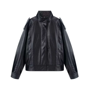 Women's minimalist black faux leather bomber jacket with a sleek stand collar and padded shoulders