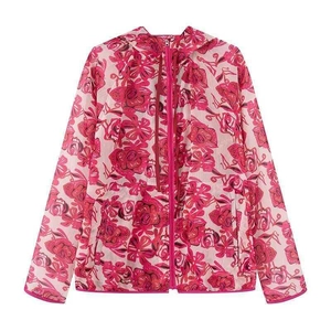 Women vintage floral hooded sunscreen jacket with pink rose print and front zipper closure