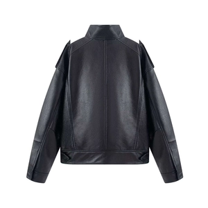 Men's faux leather bomber jacket with stand collar and textured back view in black