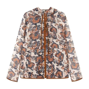 Vintage floral print hooded sun protection jacket with full zipper and brown trim
