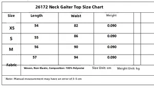 Size chart for sleeveless halter top showing measurements and 100% polyester fabric details