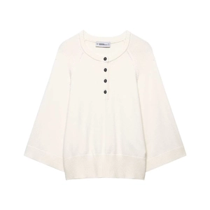 Haut élégant en maille crème avec col Henley et boutons sur le devant pour femme
