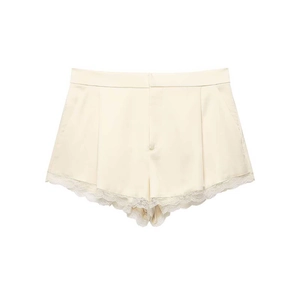 Women Elegant High Waist Satin Texture Shorts With Lace Trim Hem Summer Minimalist Casual Commuter Ladies Short Pants