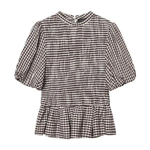 Haut à Basque Vichy Vintage pour Femme Manches Bouffantes Col Rond Chemisier à Carreaux Marron Blanc Chemise d'Été Décontractée
