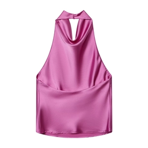 Elegant fuchsia satin halter neck top with sleeveless drape design for party wear