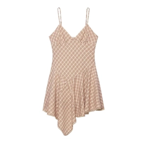 Robe Camisole à Carreaux Sexy pour Femmes Col en V Bordure en Dentelle Ourlet Asymétrique Coupe Ajustée Mini Robe d'Été Plage