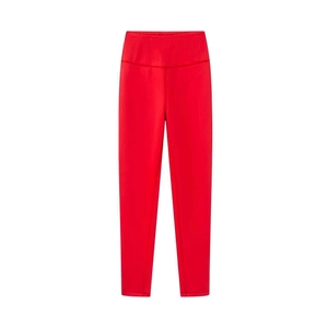 Detailed view of high-waisted bright red yoga leggings with wide compression waistband