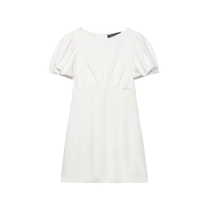 Women Elegant Short Sleeve Puff Sleeve Pleated A-Line Dress Simple Solid White Round Neck Summer Casual Midi Dress