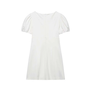 Minimalist white short sleeve dress with vintage puff sleeves and invisible back zipper