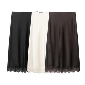Jupe Midi en Satin Élégante pour Femmes Avec Bordure en Dentelle Taille Haute Couleur Unie Jupe Droite pour Bureau Été