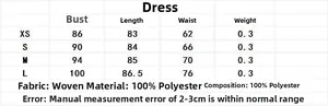 Size chart for the sleeveless pleated dress featuring detailed measurements for XS to L