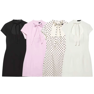Damen Slim Fit Polka Dot Kurzarm Mini Kleid Mit Schleife Schlüssellochausschnitt Elegant Körperbetont Sommer Kleid