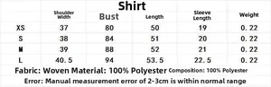 Detailed size chart for women's short pleated shirt and skirt set showing woven fabric specs