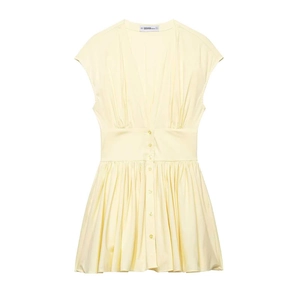 Women's V-Neck Sleeveless Button Front Pleated Mini Dress Solid Color Summer Elegant Slimming Bodycon Short Dress
