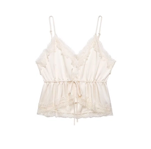 Close-up of elegant V-neck satin camisole with eyelash lace trim and front buttons
