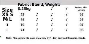 Detailed size chart for pink ruffle skirt showing XS-L measurements and fabric specs