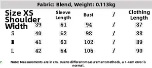 Size chart detail for women chiffon blouse featuring XS-L measurements and fabric specs