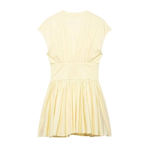 Slim fit light yellow sleeveless mini dress with elegant pleats and gathered waist